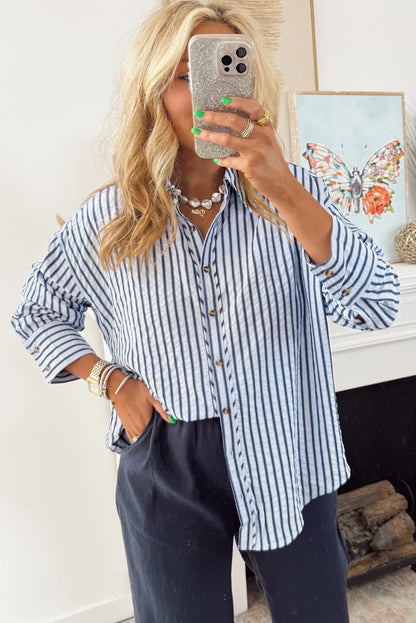 Blue Stripe Textured Hi Low Rounded Hem Casual Shirt with Slits