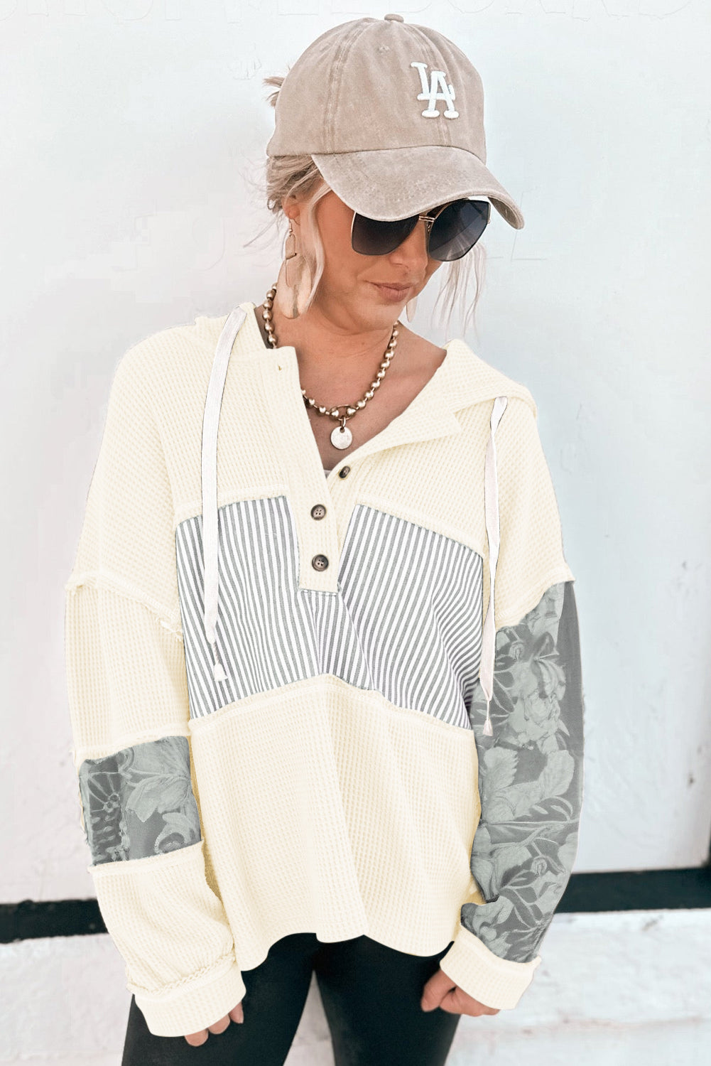 White Waffle Printed Patchwork Drawstring Hooded Long Sleeve Top