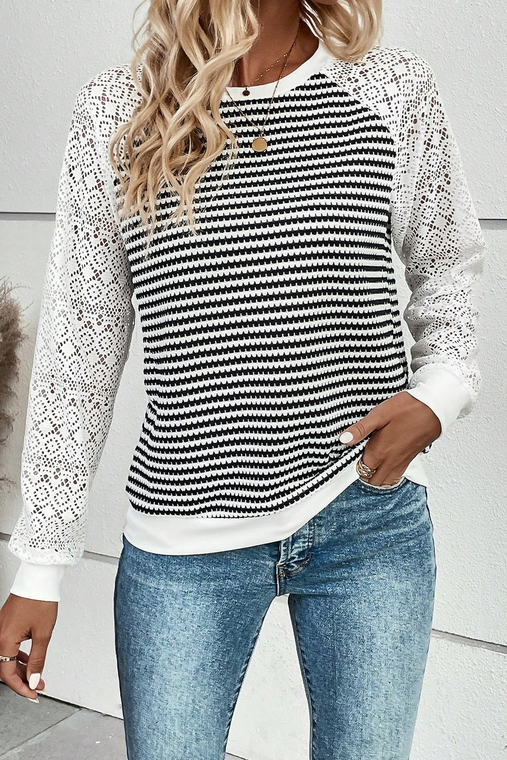 Black Stripe Textured Knit Contrast Hollowed Lace Patchwork Long Sleeve Top