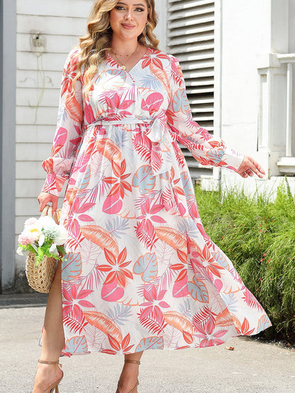 Tropical Print V-Neck Maxi Dress with High Waist Tie - Plus Size