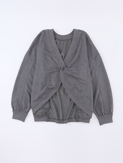 Exposed Seam Twist Gray Oversized Pullover with Open Back