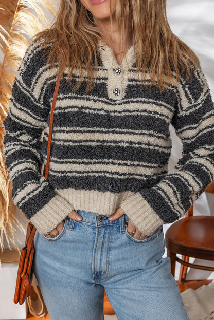 Black Stripe Fuzzy Knit Button V Neck Cropped Sweater