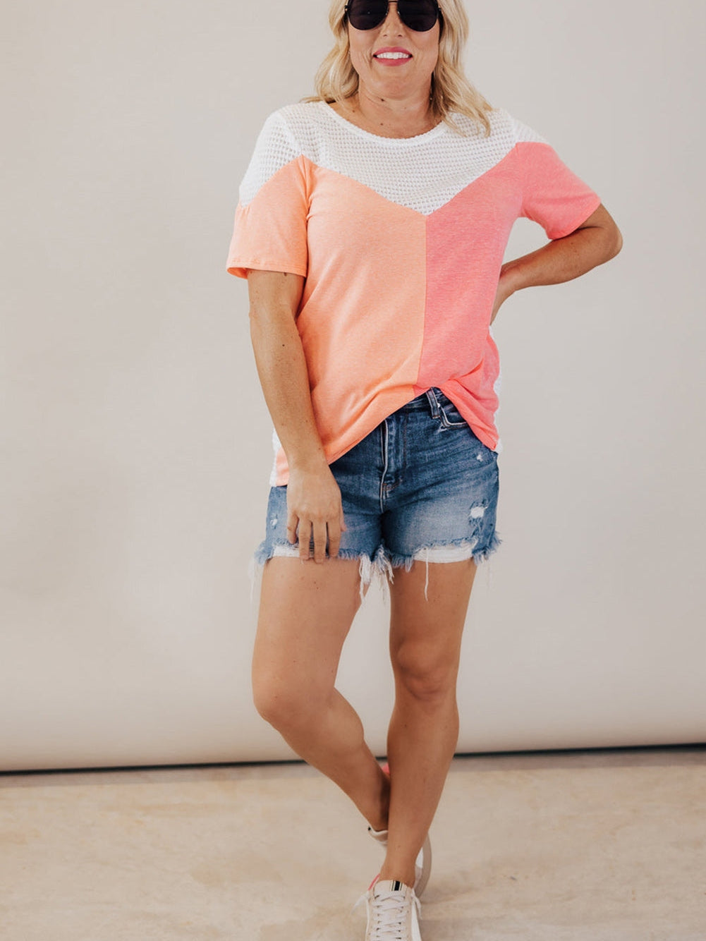 Colorblock Waffle Knit Tee for Plus Size Women