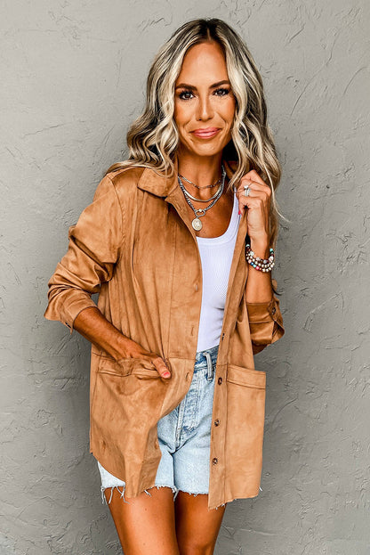 Faux Suede Camel Button-Up Jacket with Southern Belle Style