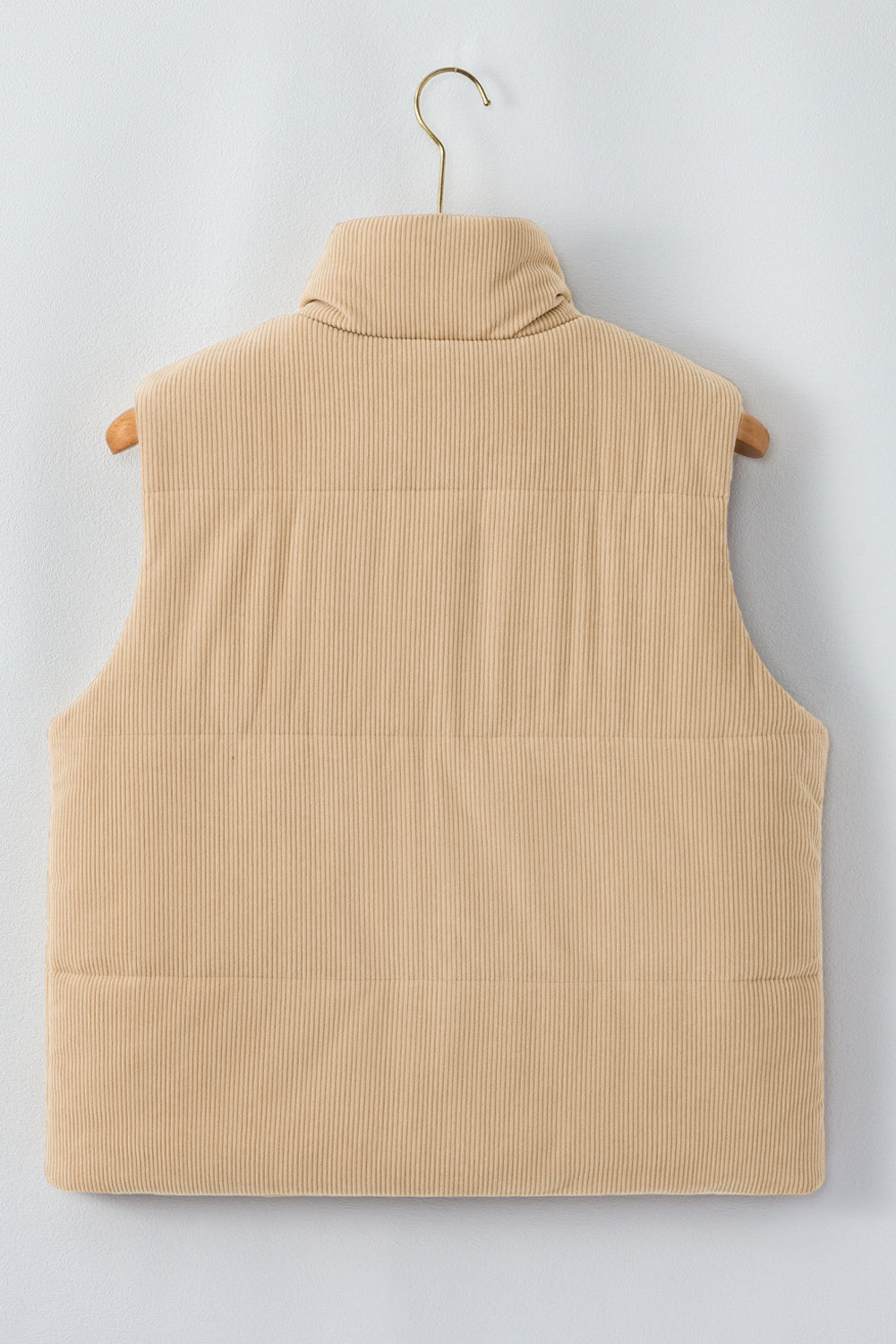 Light French Beige Corduroy Stand Neck Zipped Puffer Vest