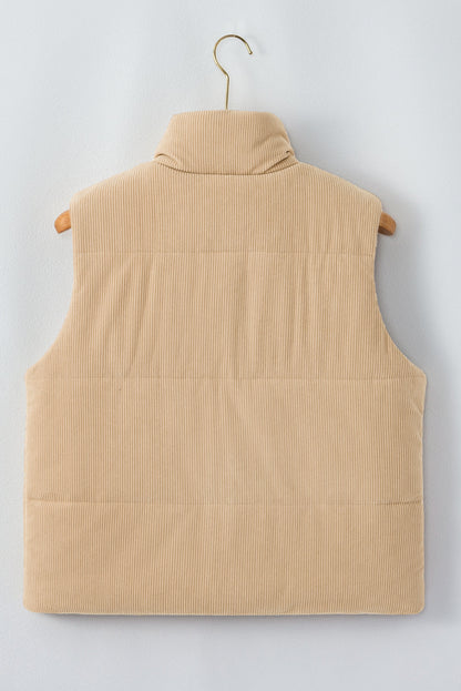 Light French Beige Corduroy Stand Neck Zipped Puffer Vest