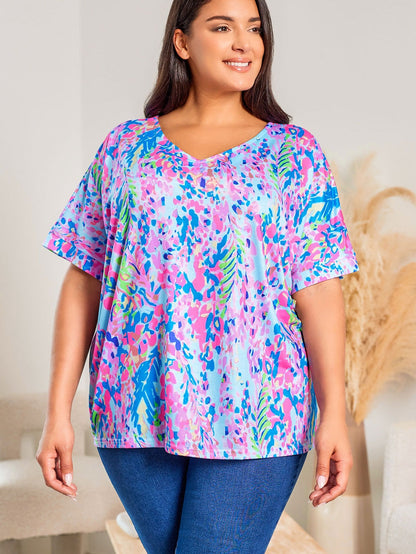 Sky Blue Floral Print Ruffle Sleeve Plus Size V Neck Top