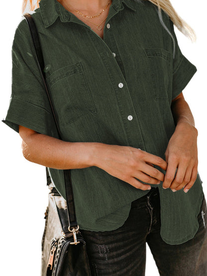 Green Casual Denim Shirt with Boyfriend Style