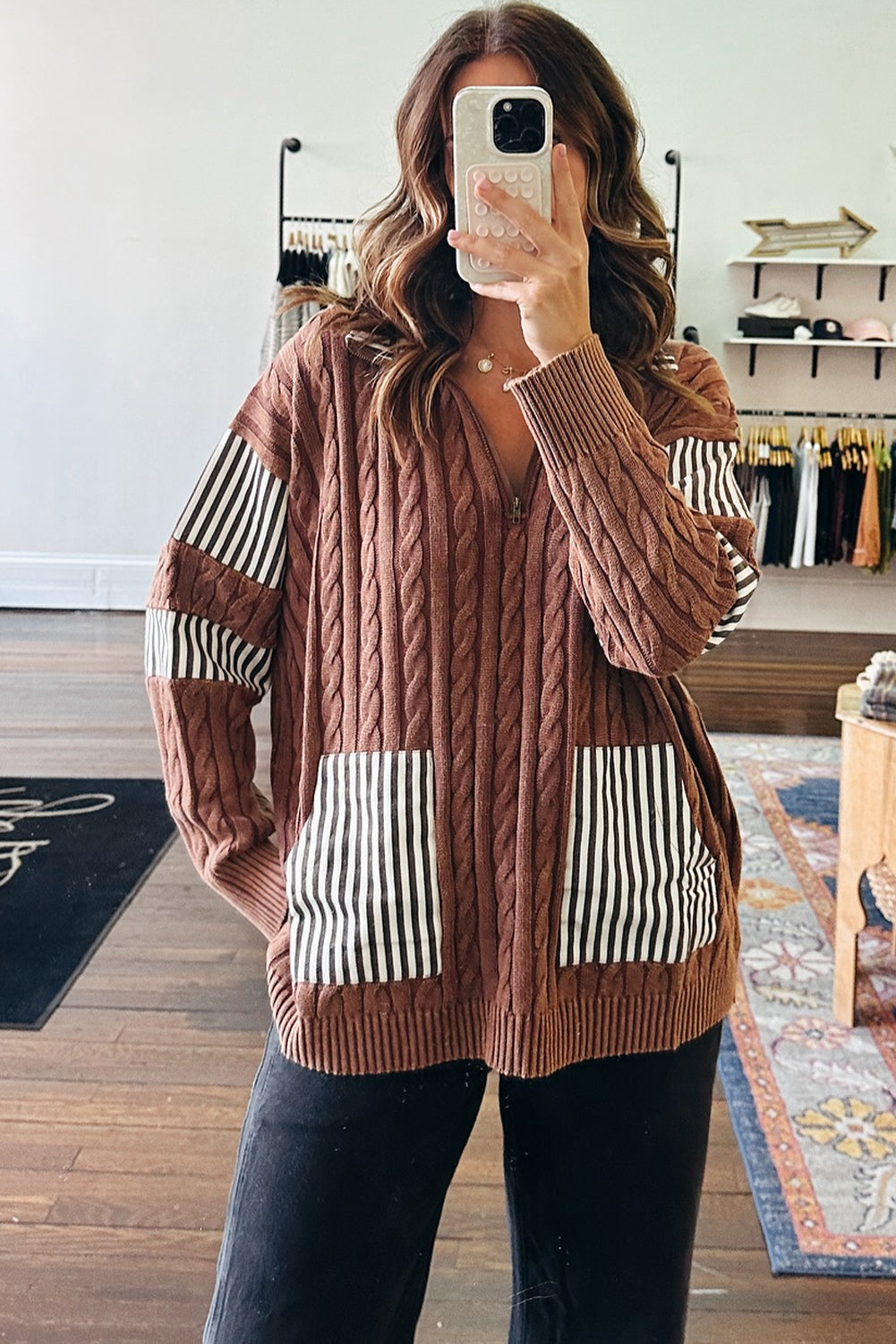 Chestnut Cable Knit Striped Patchwork Collar Zipped Pullover Sweater