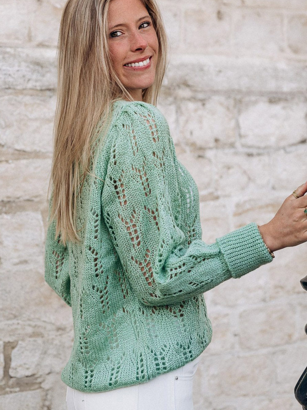 Green Pointelle Knit Sheer Sweater
