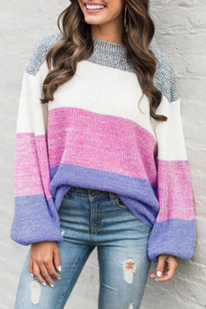 Pink Long Sleeve Knitted Round Neck Casual Sweater