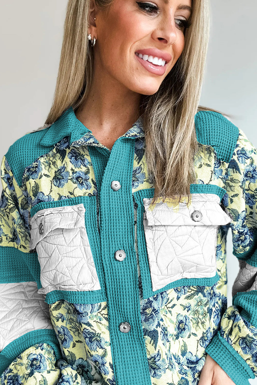 Sky Blue Waffle Floral Mix Texture Color Block Patchwork Loose Shacket