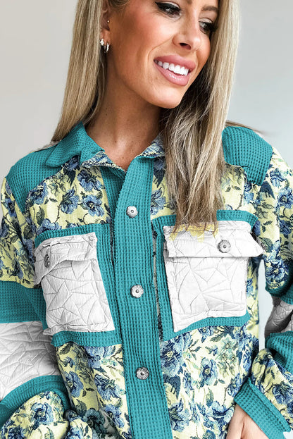 Sky Blue Waffle Floral Mix Texture Color Block Patchwork Loose Shacket