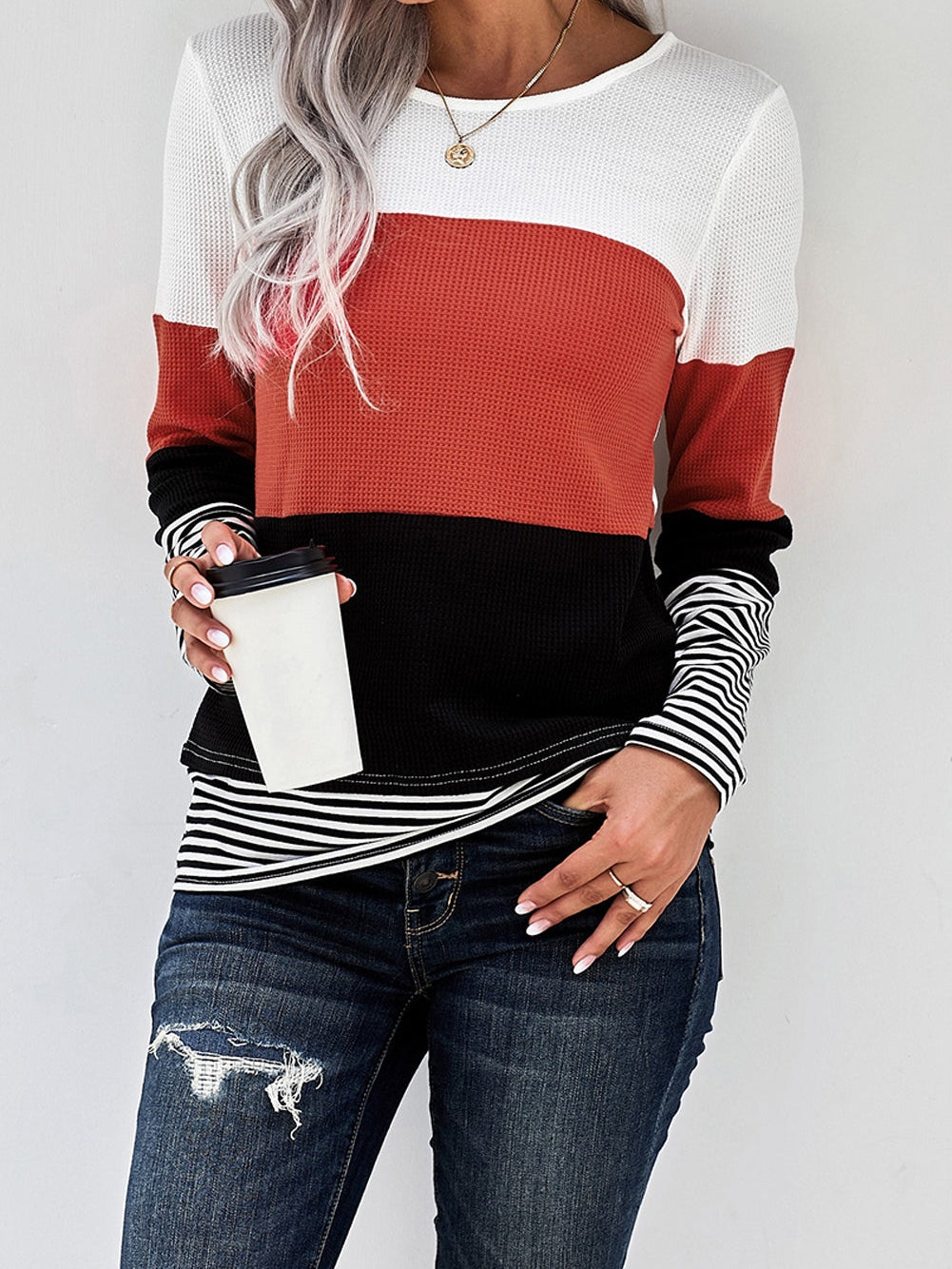 Fashionable Striped Colorblock Top with Long Sleeves