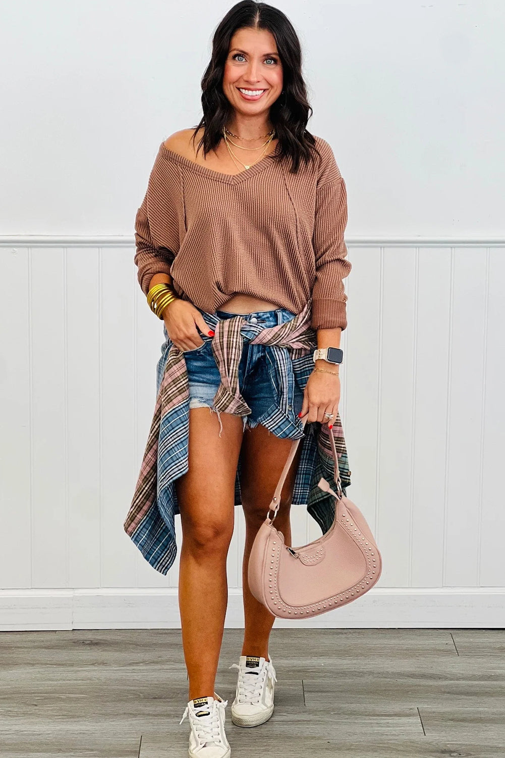 Chestnut Twisted Ribbed Exposed Seam V Neck Long Sleeve Top