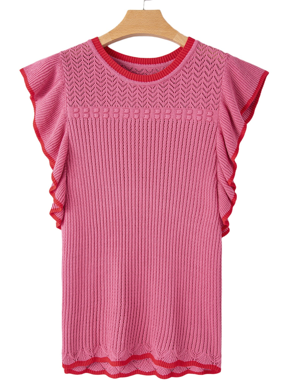 Rose Red Ruffled Contrast Trim Plus Size Short Sleeve Sweater