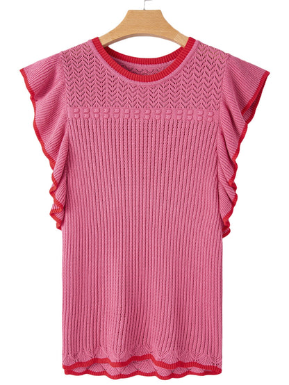 Rose Red Ruffled Contrast Trim Plus Size Short Sleeve Sweater