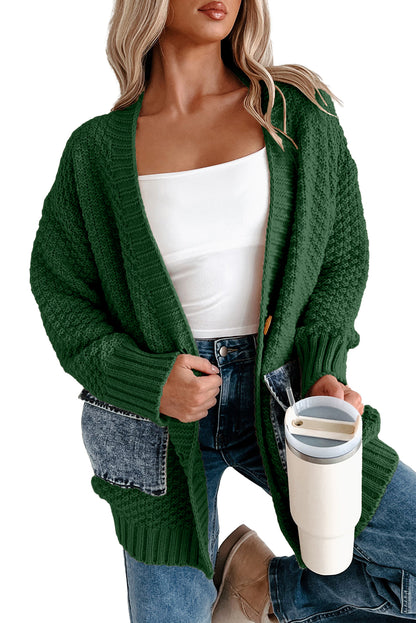 Blackish Green Open Front Knitted Denim Pocket Patchwork Cardigan