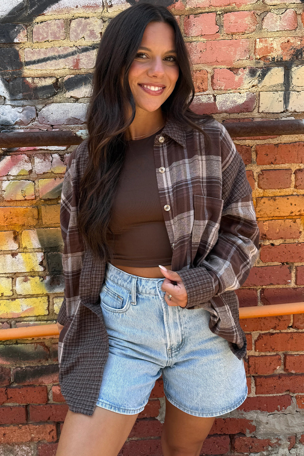 Brown Retro Plaid Patchwork Oversize Shirt