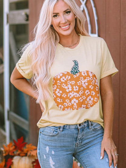 Floral Pumpkin Print Khaki Graphic Tee