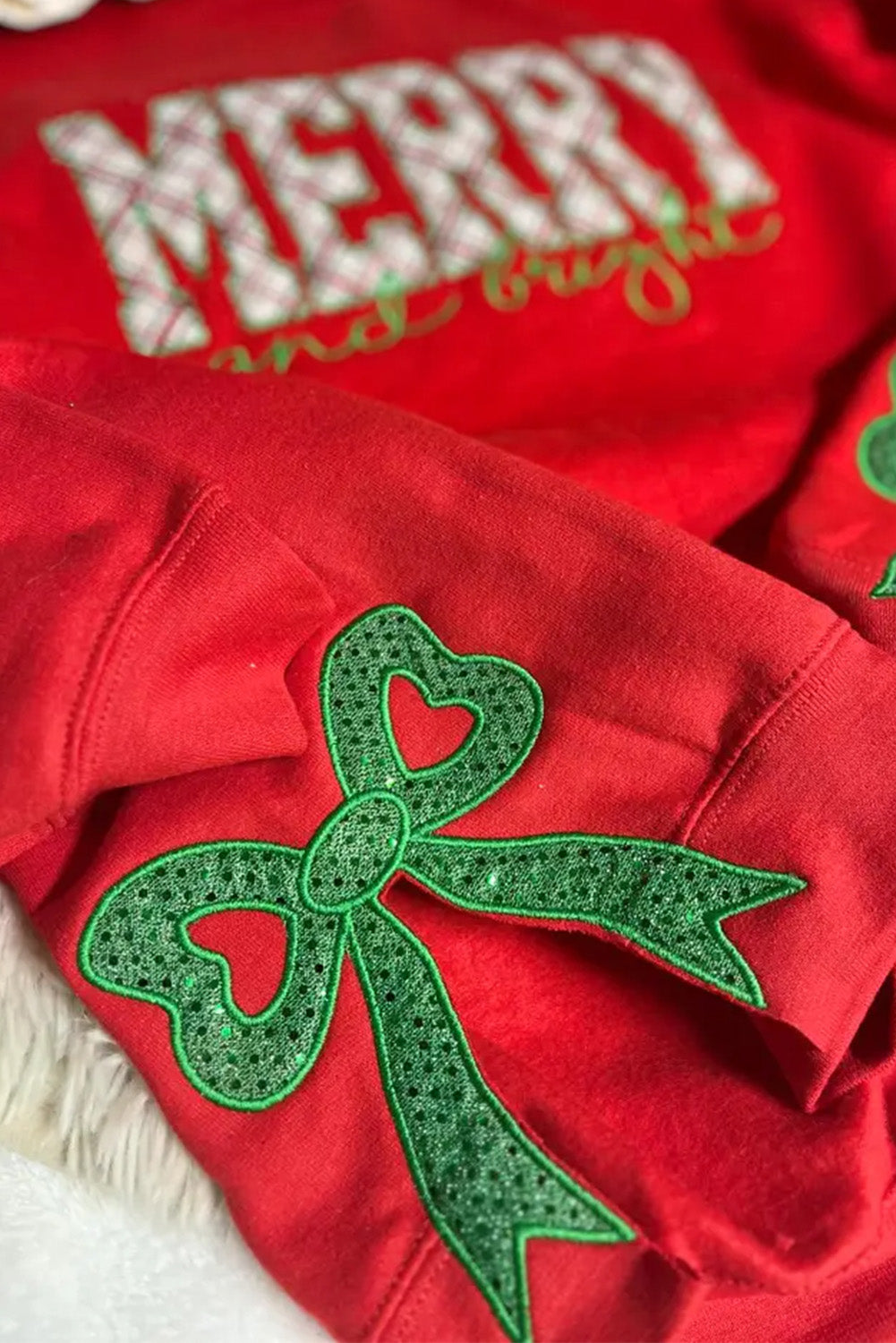 Fiery Red Merry and Bright Plaid Embroidered Letter Graphic Sequin Bow Decor Christmas Sweatshirt