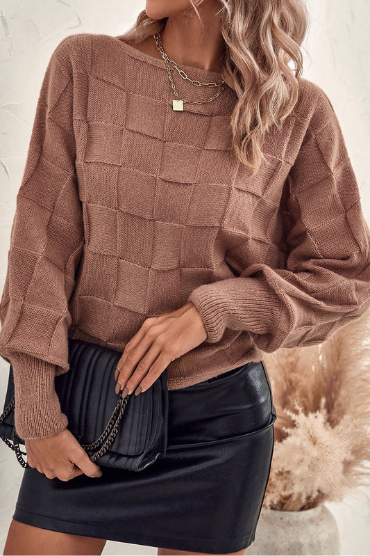 Chestnut Checkered Texture Knit Dolman Sleeve Sweater