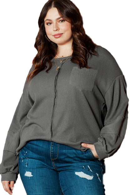 Vintage Dark Grey Plus Size Crinkle Patchwork Top with Exposed Seams