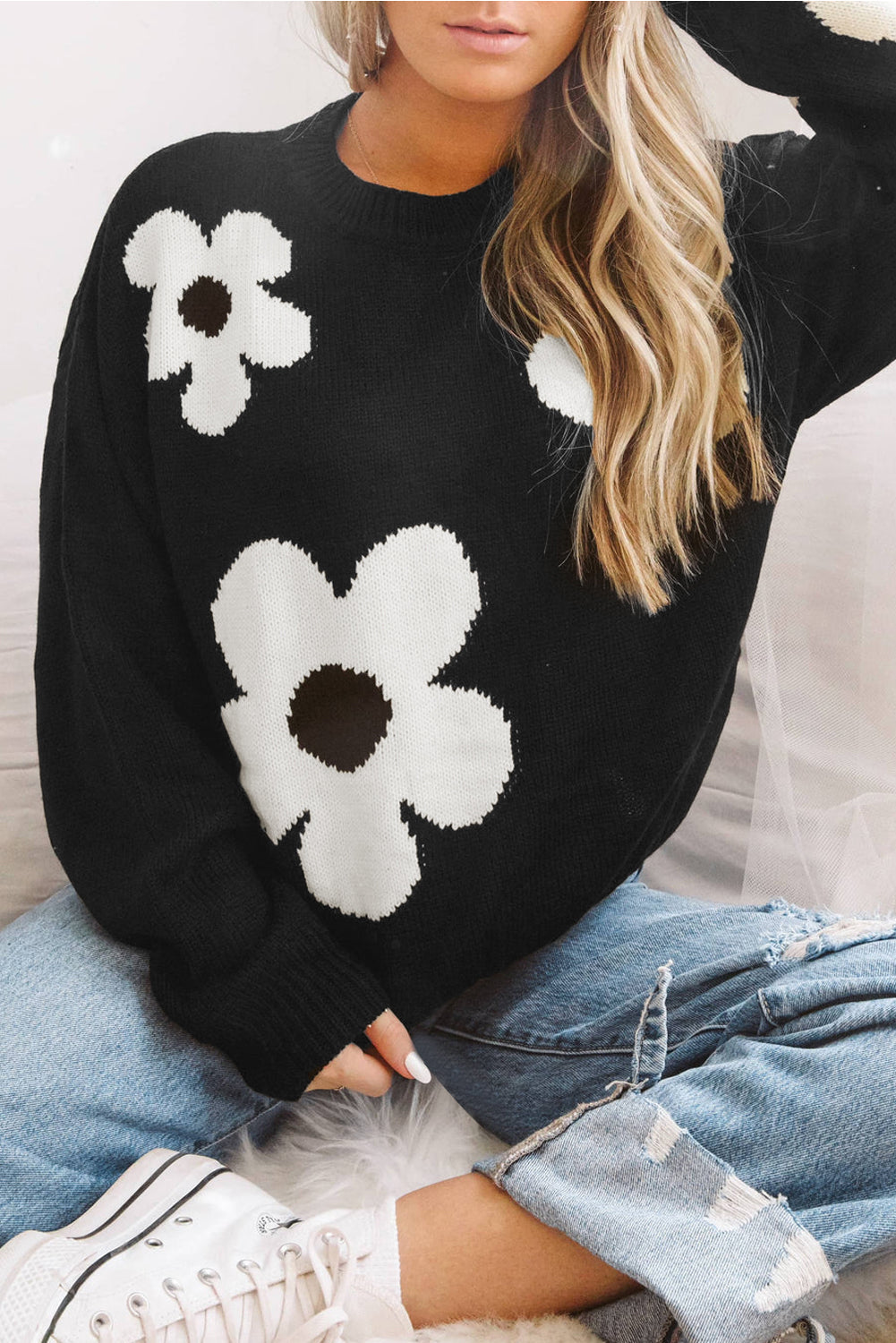 Elegant Black Floral Knit Sweater
