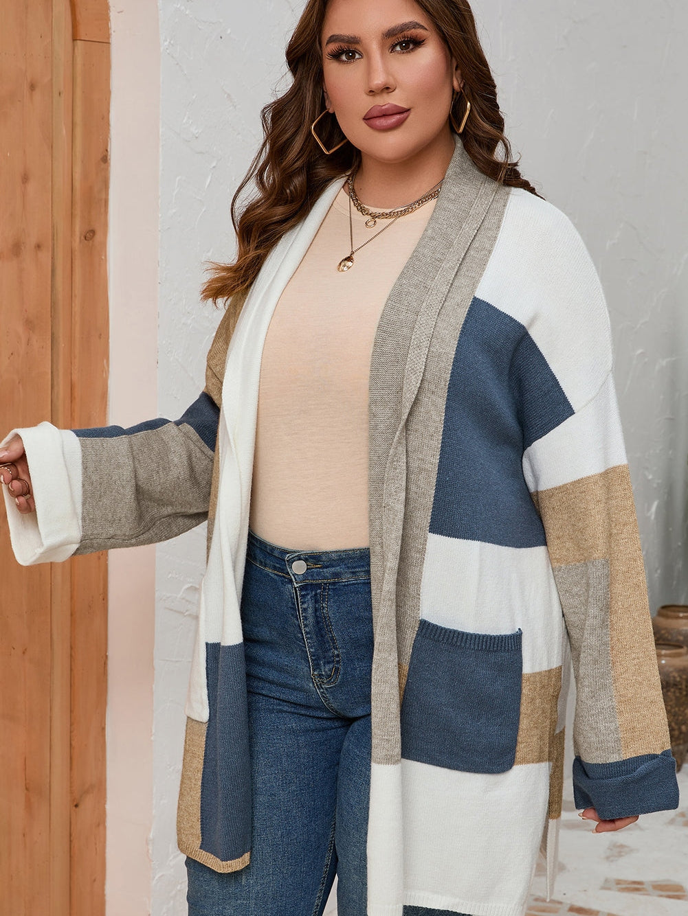 Colorblock Knit Cardigan for Curvy Figures