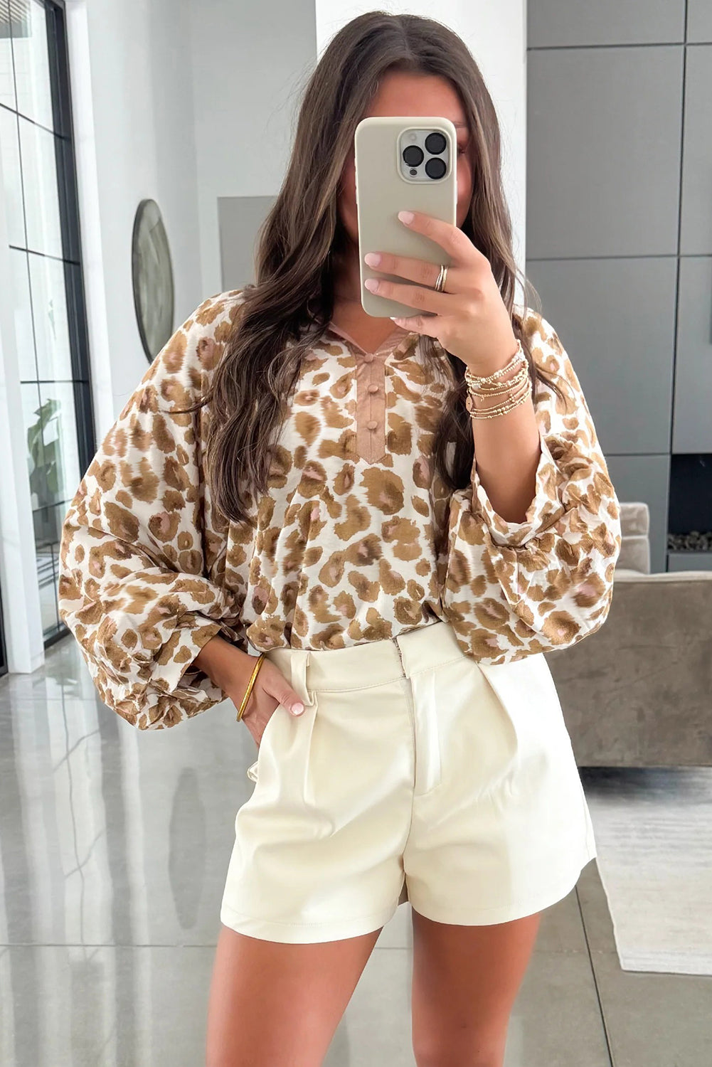 Khaki Leopard Print Contrast Trim Button Neck Long Puff Sleeve Blouse