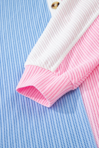 Multicolour Color Block Patchwork Waffle Knit Collar Button Neck Long Sleeve Top