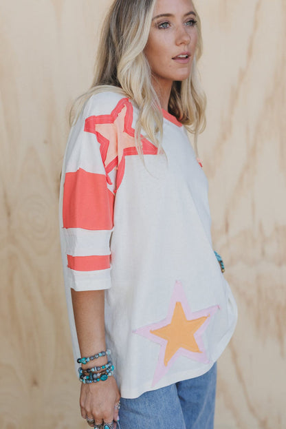 White Color Block Star Patched 3/4 Sleeve Loose Top