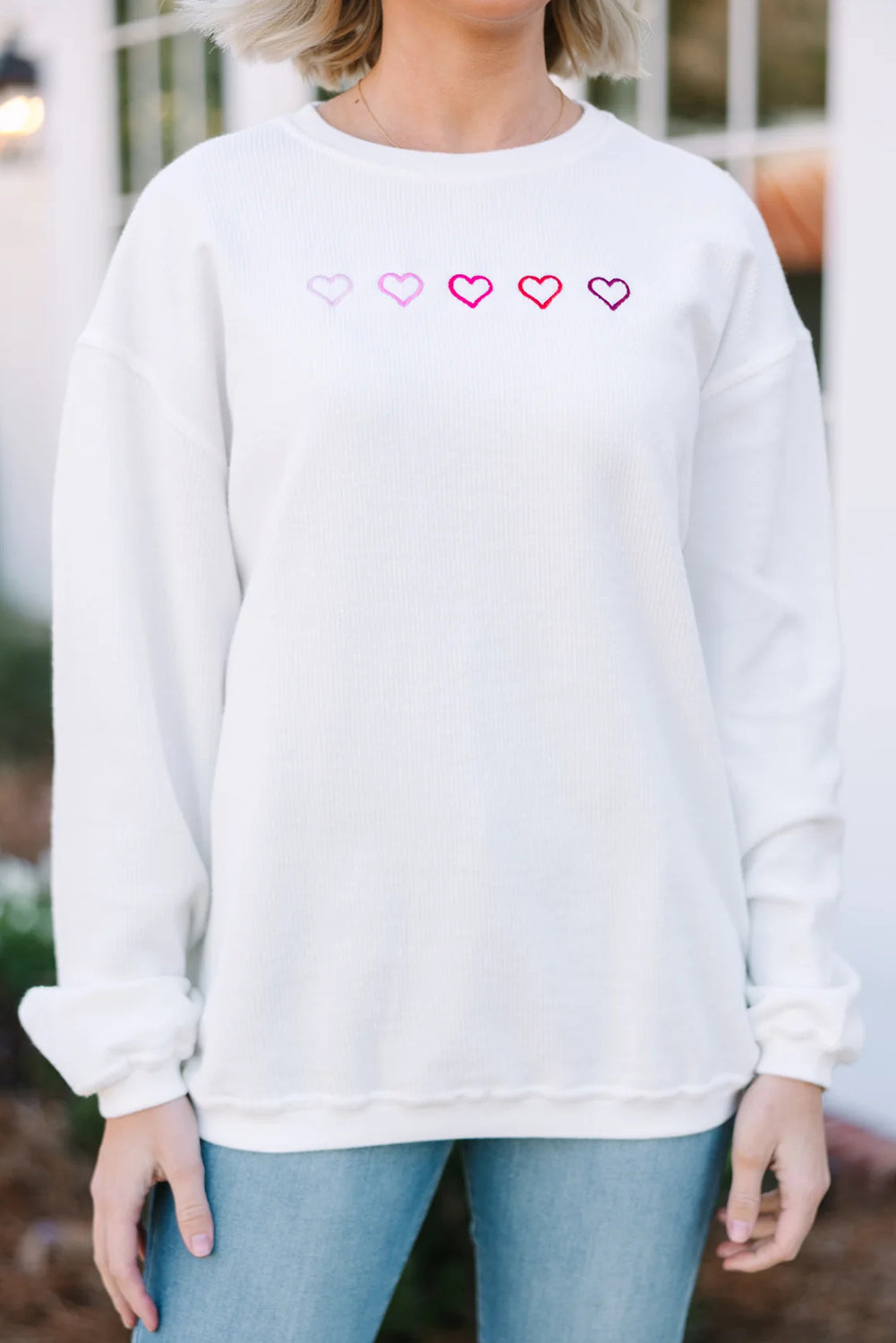 White 3d Ribbed XOXO Heart Embroidered Drop Shoulder Sweatshirt