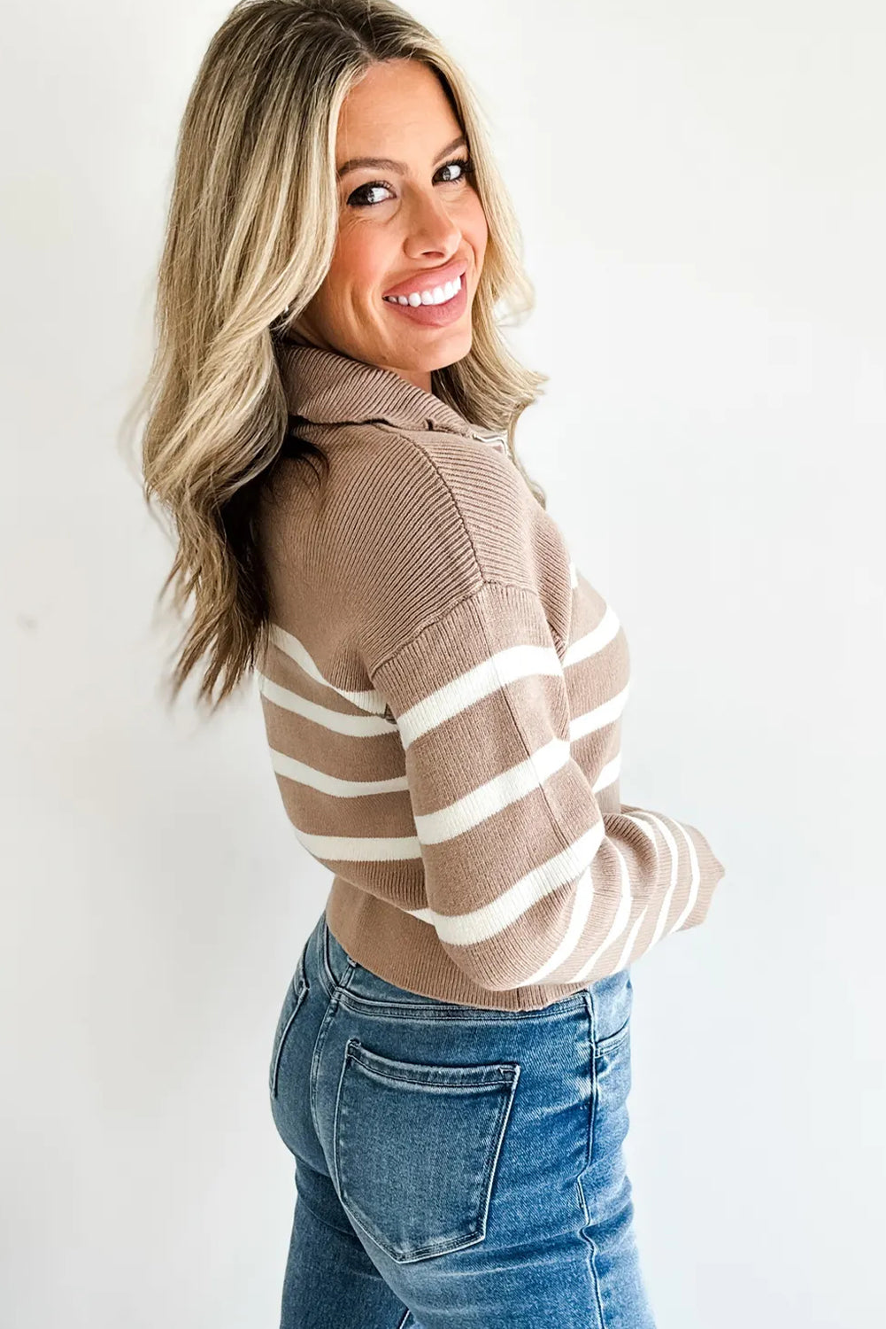 Khaki Stripe Ribbed Knit Zip Up Drop Shoulder Sweater Cardigan
