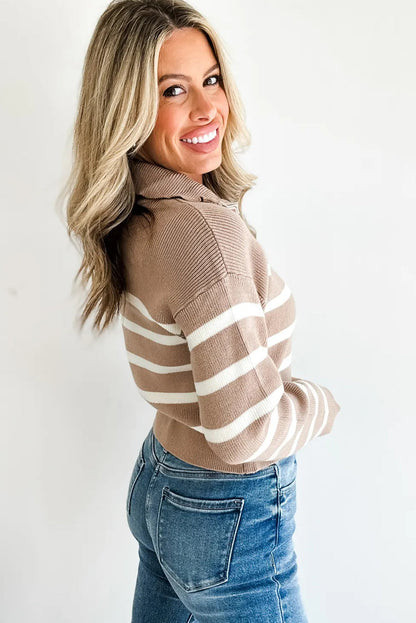 Khaki Stripe Ribbed Knit Zip Up Drop Shoulder Sweater Cardigan