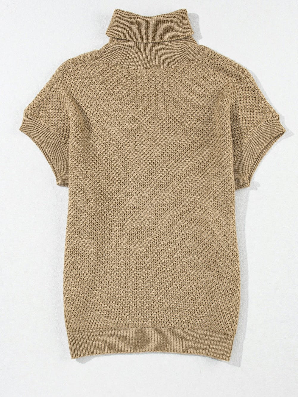 Elegant Pale Khaki Turtleneck Textured Short Sleeve Jumper