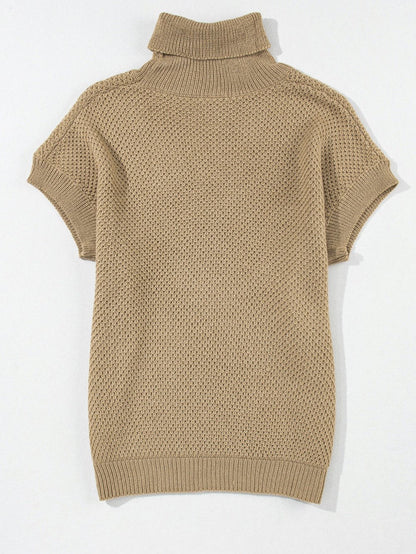 Elegant Pale Khaki Turtleneck Textured Short Sleeve Jumper