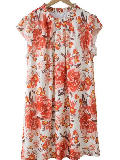 Vibrant Crimson Frilled Neck Ruffle Sleeveless Floral Dress