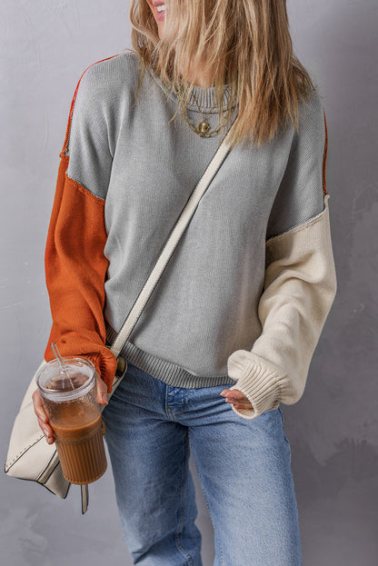 Elegant Grey Patchwork Bishop Sleeve Knit Sweater