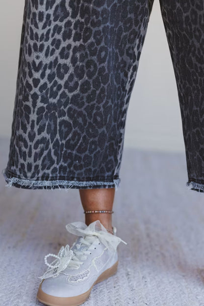 Gray Leopard Print Button Adjustable Straps Loose Denim Overall Jumpsuit