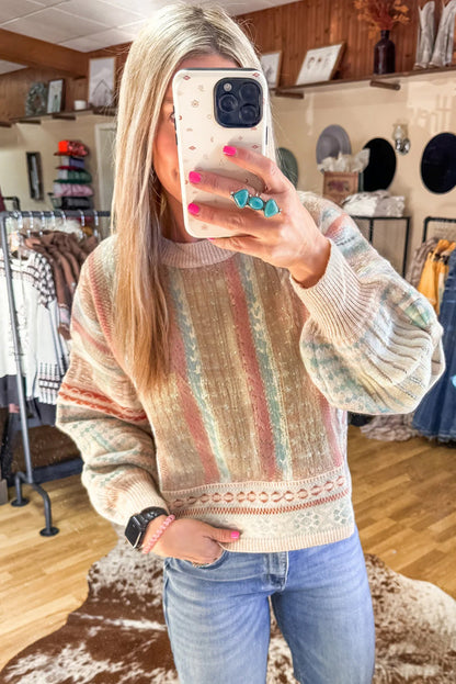 Khaki Western Striped Pattern Puff Sleeve Sweater