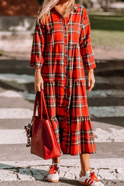 Red Plaid Long Sleeve Shirt Collar Button Down Ruffle Tiered Long Dress