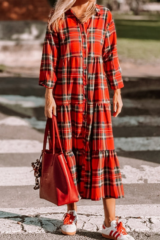 Red Plaid Long Sleeve Shirt Collar Button Down Ruffle Tiered Long Dress