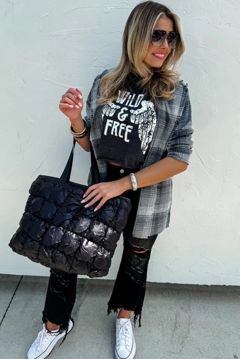 Gray Raw Edge Plaid Open Front Shacket