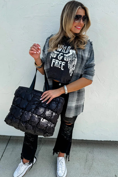 Gray Raw Edge Plaid Open Front Shacket