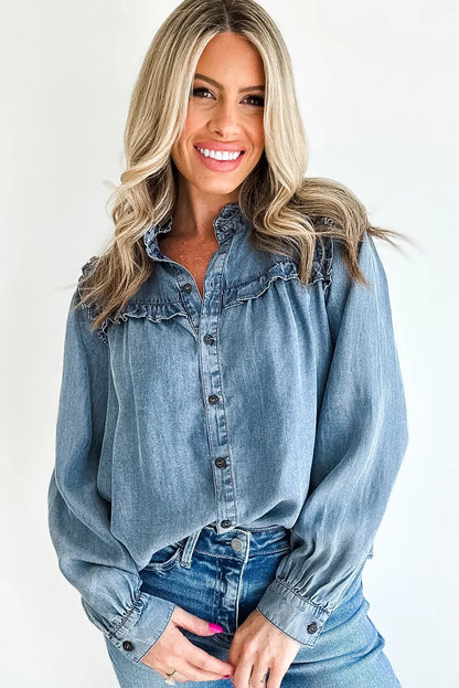 Dusk Blue Frilled Detail Button Down Chambray Shirt