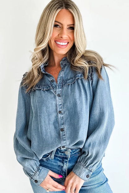 Dusk Blue Frilled Detail Button Down Chambray Shirt