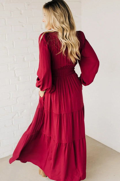 Racing Red Contrast Embroidered Detail V Neck Long Sleeve Maxi Dress