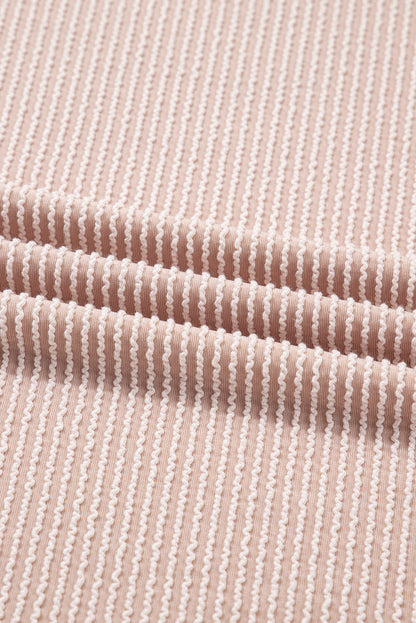 Beige Twist Ribbed Leopard Color Block Detail Drop Shoulder Long Sleeve Top