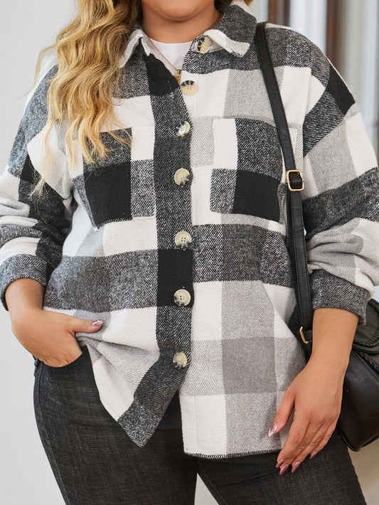 Gray Plus Size Checkered Button-Up Shacket